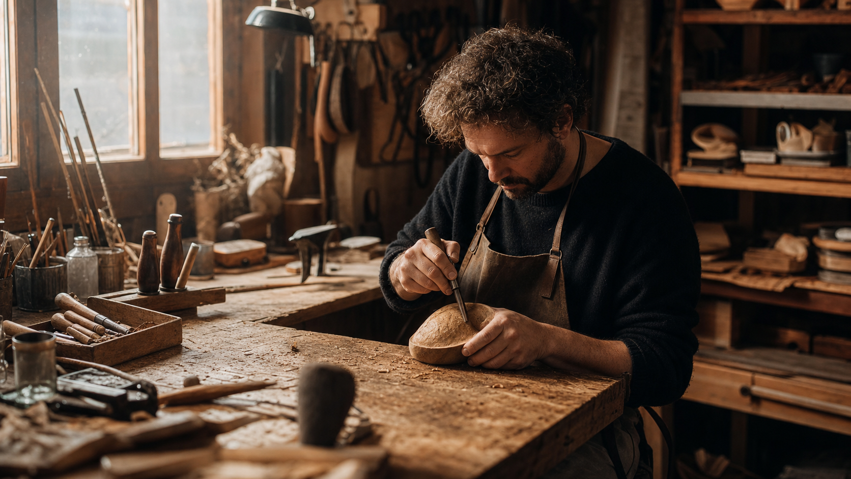 Scena documentario di un artigiano al lavoro