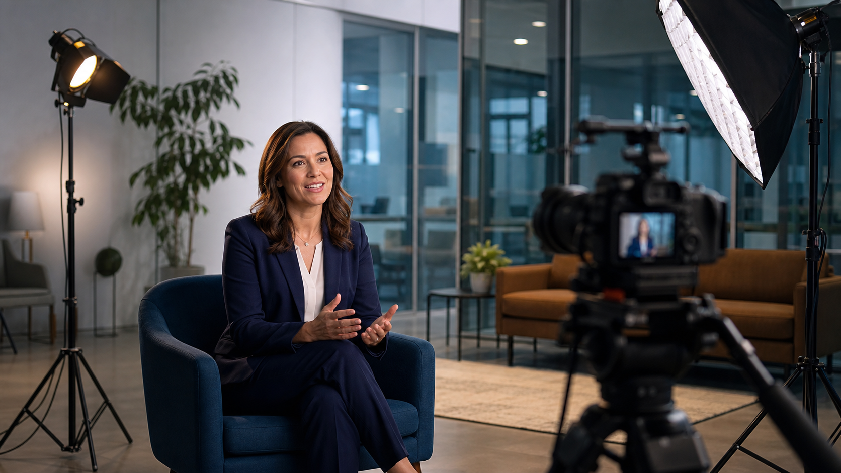 Set di un'intervista video con luci e camera